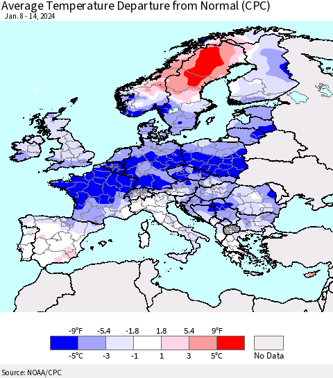 Europe Average Temperature Departure from Normal (CPC) Thematic Map For 1/8/2024 - 1/14/2024