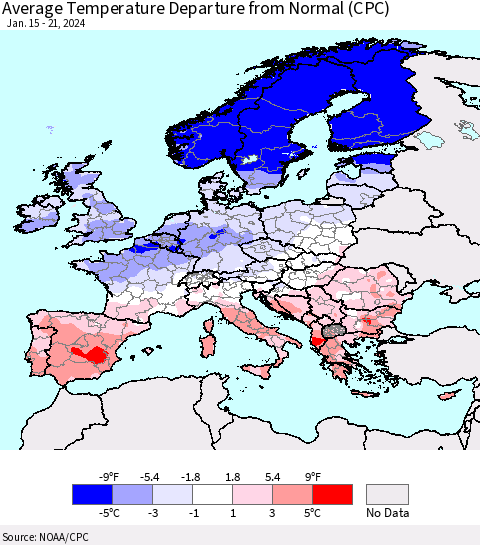 Europe Average Temperature Departure from Normal (CPC) Thematic Map For 1/15/2024 - 1/21/2024