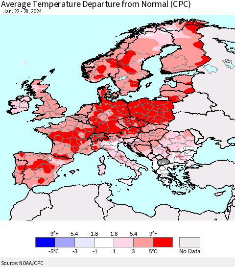 Europe Average Temperature Departure from Normal (CPC) Thematic Map For 1/22/2024 - 1/28/2024