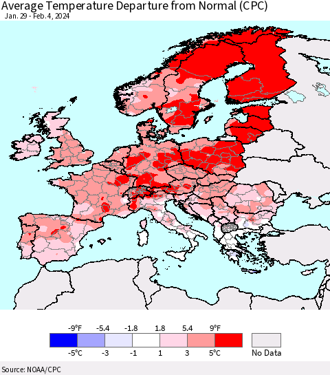 Europe Average Temperature Departure from Normal (CPC) Thematic Map For 1/29/2024 - 2/4/2024