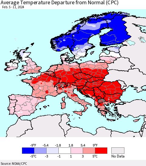 Europe Average Temperature Departure from Normal (CPC) Thematic Map For 2/5/2024 - 2/11/2024