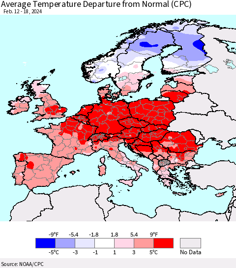 Europe Average Temperature Departure from Normal (CPC) Thematic Map For 2/12/2024 - 2/18/2024