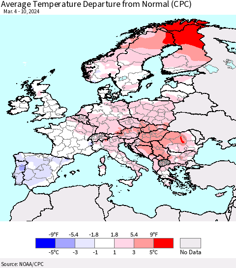 Europe Average Temperature Departure from Normal (CPC) Thematic Map For 3/4/2024 - 3/10/2024