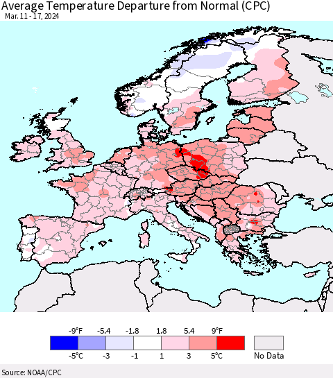 Europe Average Temperature Departure from Normal (CPC) Thematic Map For 3/11/2024 - 3/17/2024