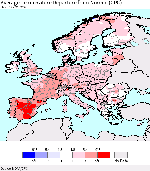 Europe Average Temperature Departure from Normal (CPC) Thematic Map For 3/18/2024 - 3/24/2024