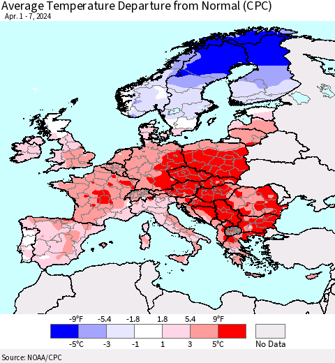 Europe Average Temperature Departure from Normal (CPC) Thematic Map For 4/1/2024 - 4/7/2024