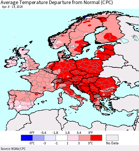 Europe Average Temperature Departure from Normal (CPC) Thematic Map For 4/8/2024 - 4/14/2024