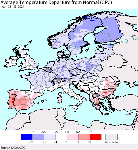Europe Average Temperature Departure from Normal (CPC) Thematic Map For 4/15/2024 - 4/21/2024