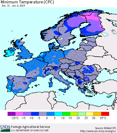 Europe Mean Minimum Temperature (CPC) Thematic Map For 12/31/2018 - 1/6/2019