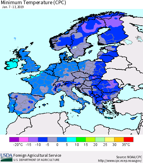 Europe Mean Minimum Temperature (CPC) Thematic Map For 1/7/2019 - 1/13/2019