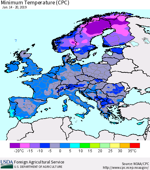 Europe Mean Minimum Temperature (CPC) Thematic Map For 1/14/2019 - 1/20/2019