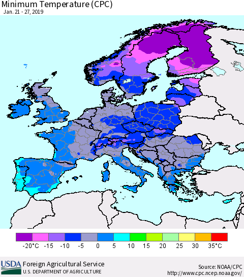 Europe Mean Minimum Temperature (CPC) Thematic Map For 1/21/2019 - 1/27/2019