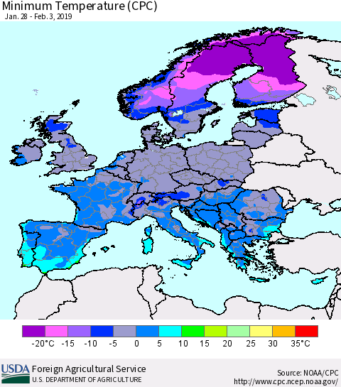Europe Mean Minimum Temperature (CPC) Thematic Map For 1/28/2019 - 2/3/2019