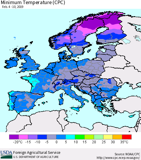 Europe Mean Minimum Temperature (CPC) Thematic Map For 2/4/2019 - 2/10/2019