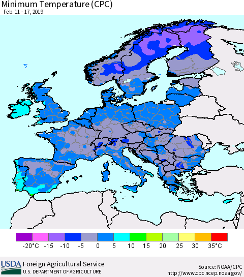 Europe Mean Minimum Temperature (CPC) Thematic Map For 2/11/2019 - 2/17/2019