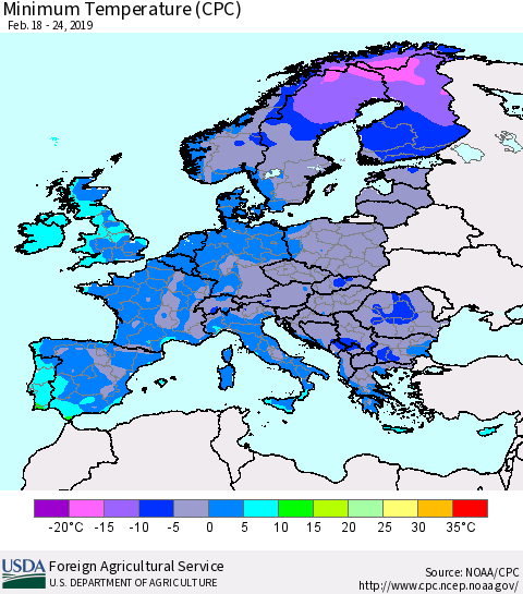 Europe Mean Minimum Temperature (CPC) Thematic Map For 2/18/2019 - 2/24/2019