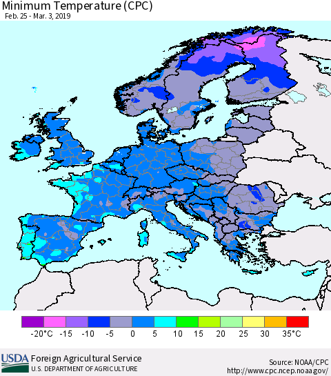 Europe Mean Minimum Temperature (CPC) Thematic Map For 2/25/2019 - 3/3/2019