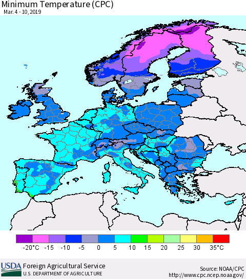 Europe Mean Minimum Temperature (CPC) Thematic Map For 3/4/2019 - 3/10/2019