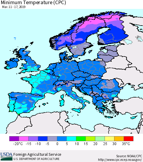 Europe Mean Minimum Temperature (CPC) Thematic Map For 3/11/2019 - 3/17/2019