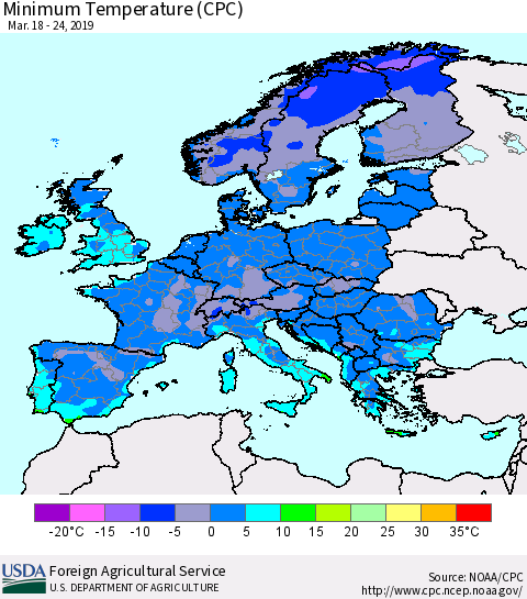 Europe Mean Minimum Temperature (CPC) Thematic Map For 3/18/2019 - 3/24/2019