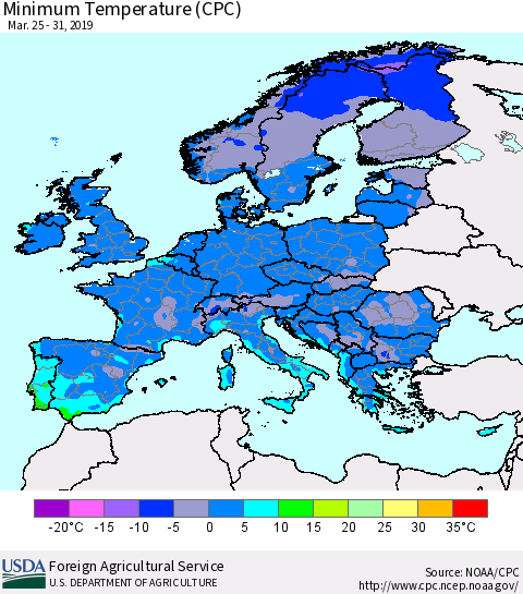 Europe Mean Minimum Temperature (CPC) Thematic Map For 3/25/2019 - 3/31/2019