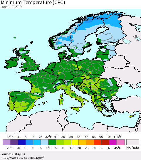 Europe Mean Minimum Temperature (CPC) Thematic Map For 4/1/2019 - 4/7/2019