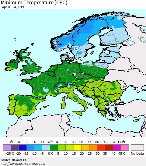 Europe Mean Minimum Temperature (CPC) Thematic Map For 4/8/2019 - 4/14/2019