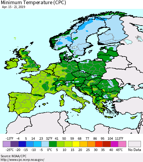 Europe Mean Minimum Temperature (CPC) Thematic Map For 4/15/2019 - 4/21/2019