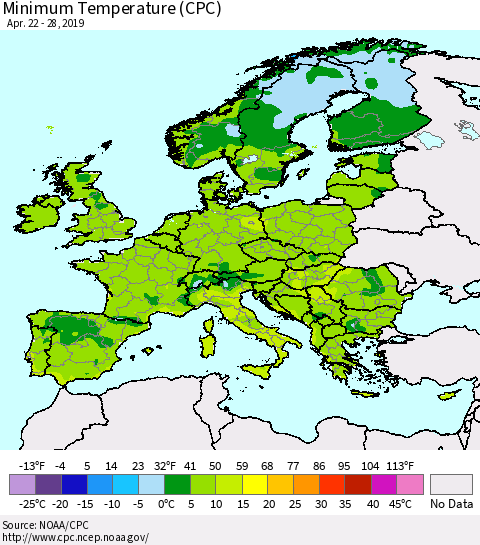 Europe Mean Minimum Temperature (CPC) Thematic Map For 4/22/2019 - 4/28/2019
