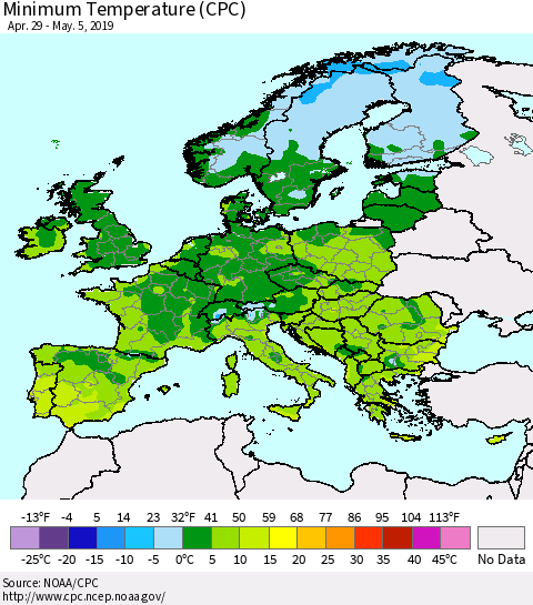 Europe Mean Minimum Temperature (CPC) Thematic Map For 4/29/2019 - 5/5/2019