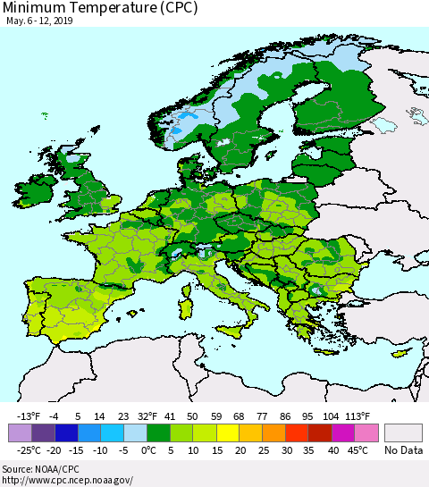 Europe Mean Minimum Temperature (CPC) Thematic Map For 5/6/2019 - 5/12/2019