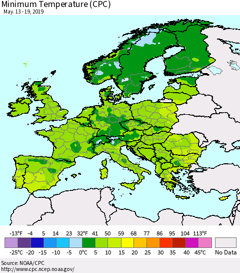 Europe Mean Minimum Temperature (CPC) Thematic Map For 5/13/2019 - 5/19/2019