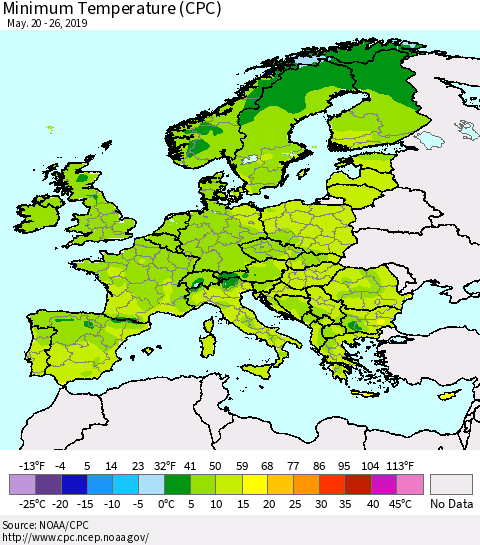 Europe Mean Minimum Temperature (CPC) Thematic Map For 5/20/2019 - 5/26/2019
