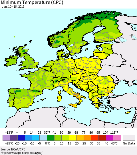 Europe Mean Minimum Temperature (CPC) Thematic Map For 6/10/2019 - 6/16/2019