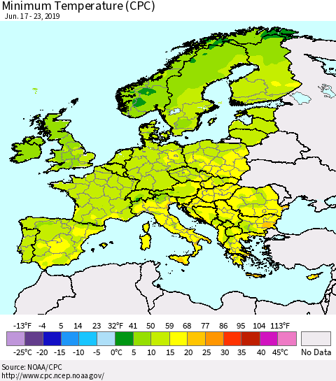 Europe Mean Minimum Temperature (CPC) Thematic Map For 6/17/2019 - 6/23/2019
