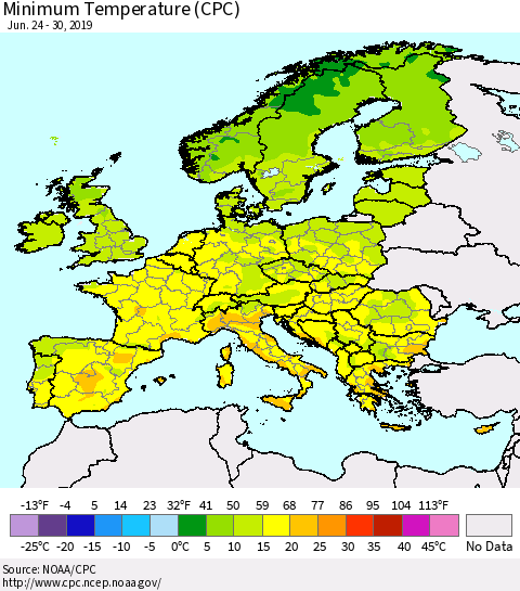 Europe Mean Minimum Temperature (CPC) Thematic Map For 6/24/2019 - 6/30/2019