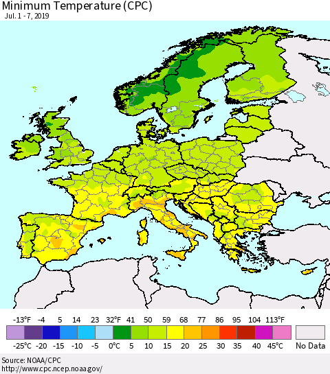 Europe Mean Minimum Temperature (CPC) Thematic Map For 7/1/2019 - 7/7/2019