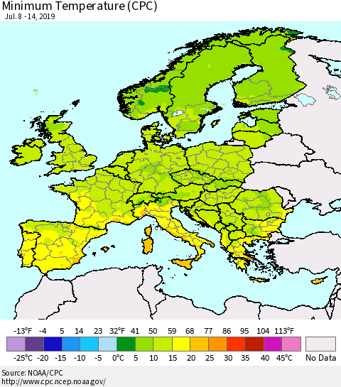 Europe Mean Minimum Temperature (CPC) Thematic Map For 7/8/2019 - 7/14/2019