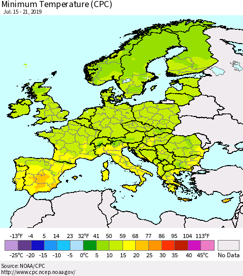 Europe Mean Minimum Temperature (CPC) Thematic Map For 7/15/2019 - 7/21/2019
