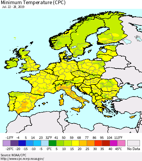 Europe Mean Minimum Temperature (CPC) Thematic Map For 7/22/2019 - 7/28/2019
