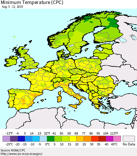 Europe Mean Minimum Temperature (CPC) Thematic Map For 8/5/2019 - 8/11/2019