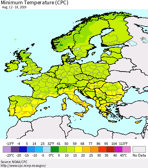 Europe Mean Minimum Temperature (CPC) Thematic Map For 8/12/2019 - 8/18/2019