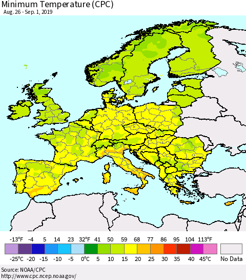 Europe Mean Minimum Temperature (CPC) Thematic Map For 8/26/2019 - 9/1/2019