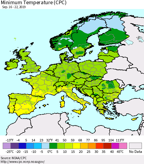 Europe Mean Minimum Temperature (CPC) Thematic Map For 9/16/2019 - 9/22/2019