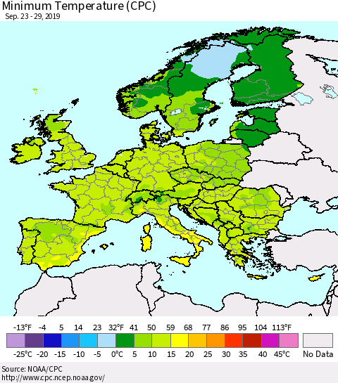 Europe Mean Minimum Temperature (CPC) Thematic Map For 9/23/2019 - 9/29/2019