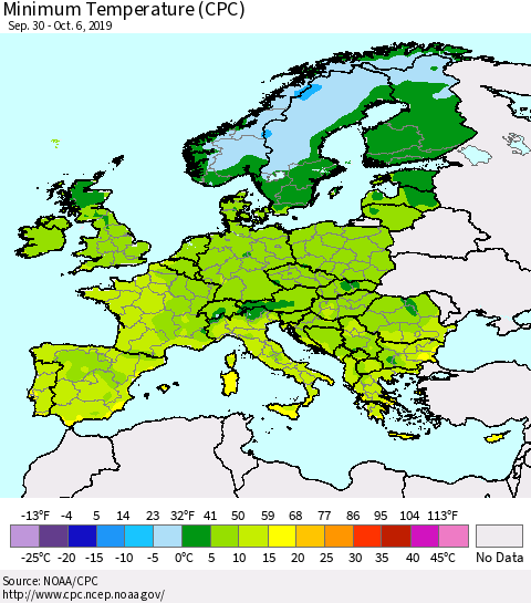 Europe Mean Minimum Temperature (CPC) Thematic Map For 9/30/2019 - 10/6/2019
