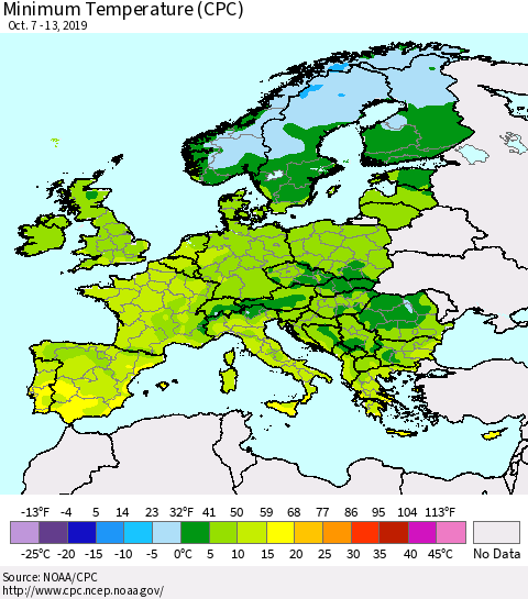 Europe Mean Minimum Temperature (CPC) Thematic Map For 10/7/2019 - 10/13/2019