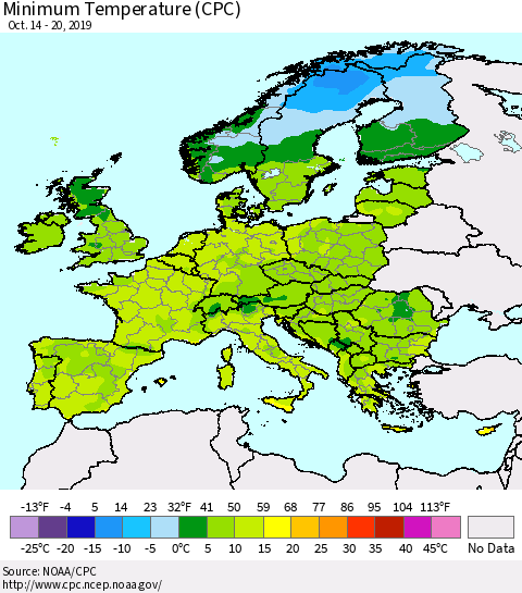 Europe Mean Minimum Temperature (CPC) Thematic Map For 10/14/2019 - 10/20/2019