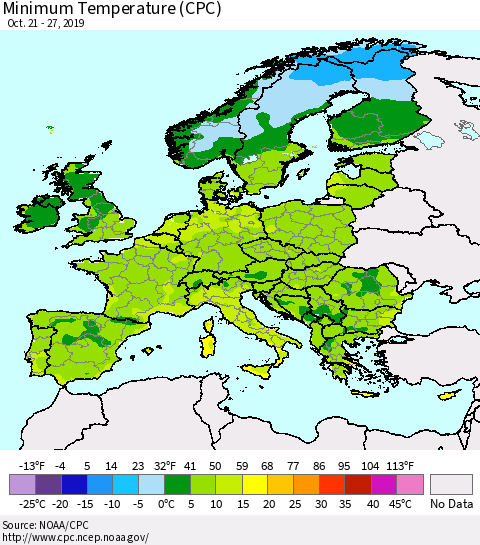 Europe Mean Minimum Temperature (CPC) Thematic Map For 10/21/2019 - 10/27/2019