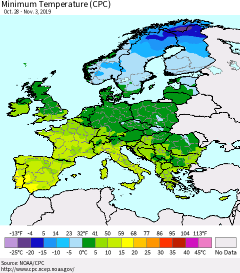 Europe Mean Minimum Temperature (CPC) Thematic Map For 10/28/2019 - 11/3/2019